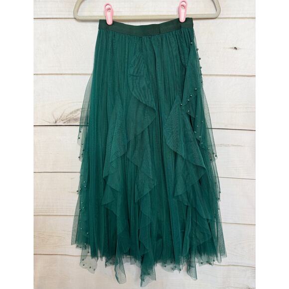 Nikki Lund Green Midi Skirt Tulle Pearls Sz XS Perf For Holiday Party - Picture 2 of 6